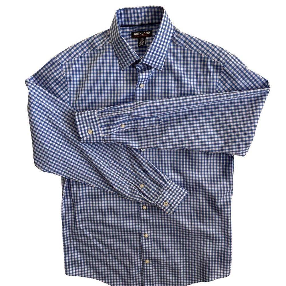 Kirkland Signature Mens Blue Gingham Comfort Sportshirt 15-15.5‎ 34/35 Coolmax